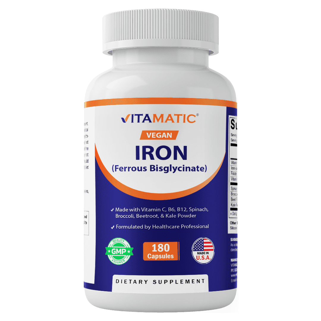 Vitamatic Vegan Iron with Vitamin C, B6, B12 & Folic Acid | Plus Spinach, Broccoli, Beetroot & Kale | 180 Capsules | Non-GMO, Gluten-Free, Sugar-Free | Made in USA