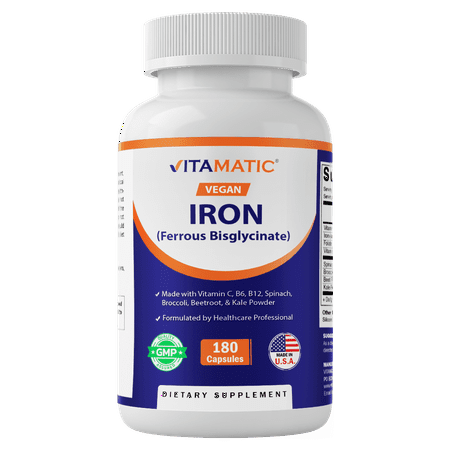 Vitamatic Vegan Iron with Vitamin C, B6, B12 & Folic Acid | Plus Spinach, Broccoli, Beetroot & Kale | 180 Capsules | Non-GMO, Gluten-Free, Sugar-Free | Made in USA