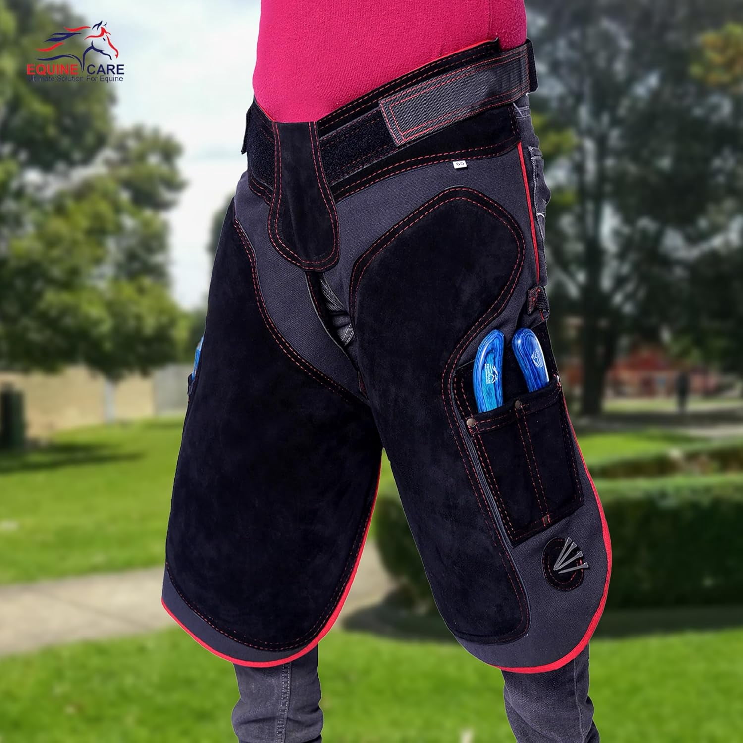 Equine Care Farrier Apron Chaps – 23" Length, 2mm Cowhide Leather & 500 GSM Canvas, Ergonomic Padding, Air-Mesh, Dual Magnets, Adjustable Waist (28"-52"), Ideal for Horseshoeing & Hoof Trimming.