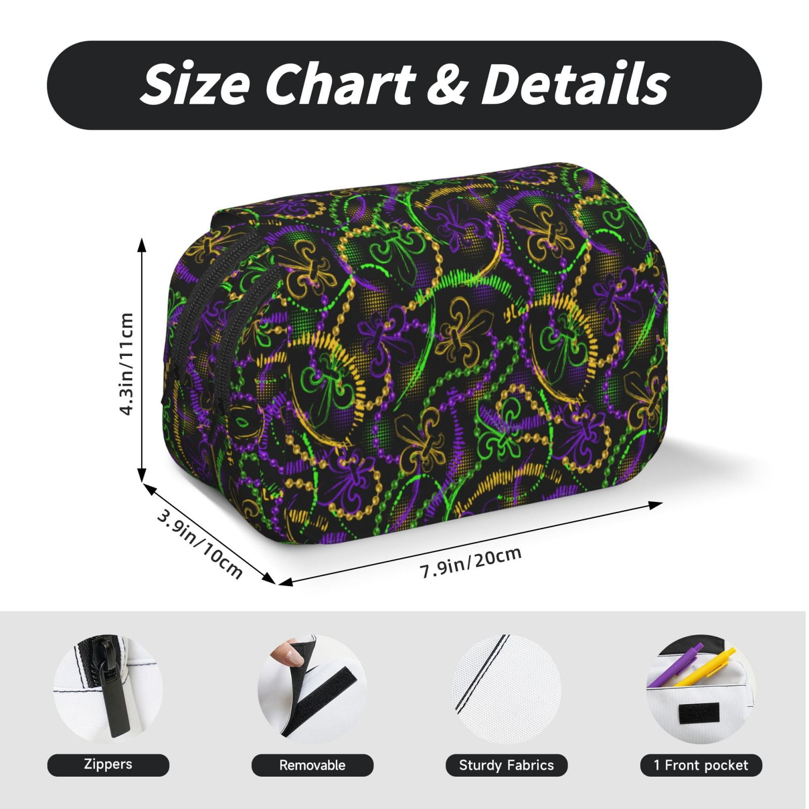 Rateoe Neon Mardi Gras Pattern Double Clamshell Pen Case, Storage Organizer with Two Zipper Compartments– Holds Up to 50 Pencils & Pens