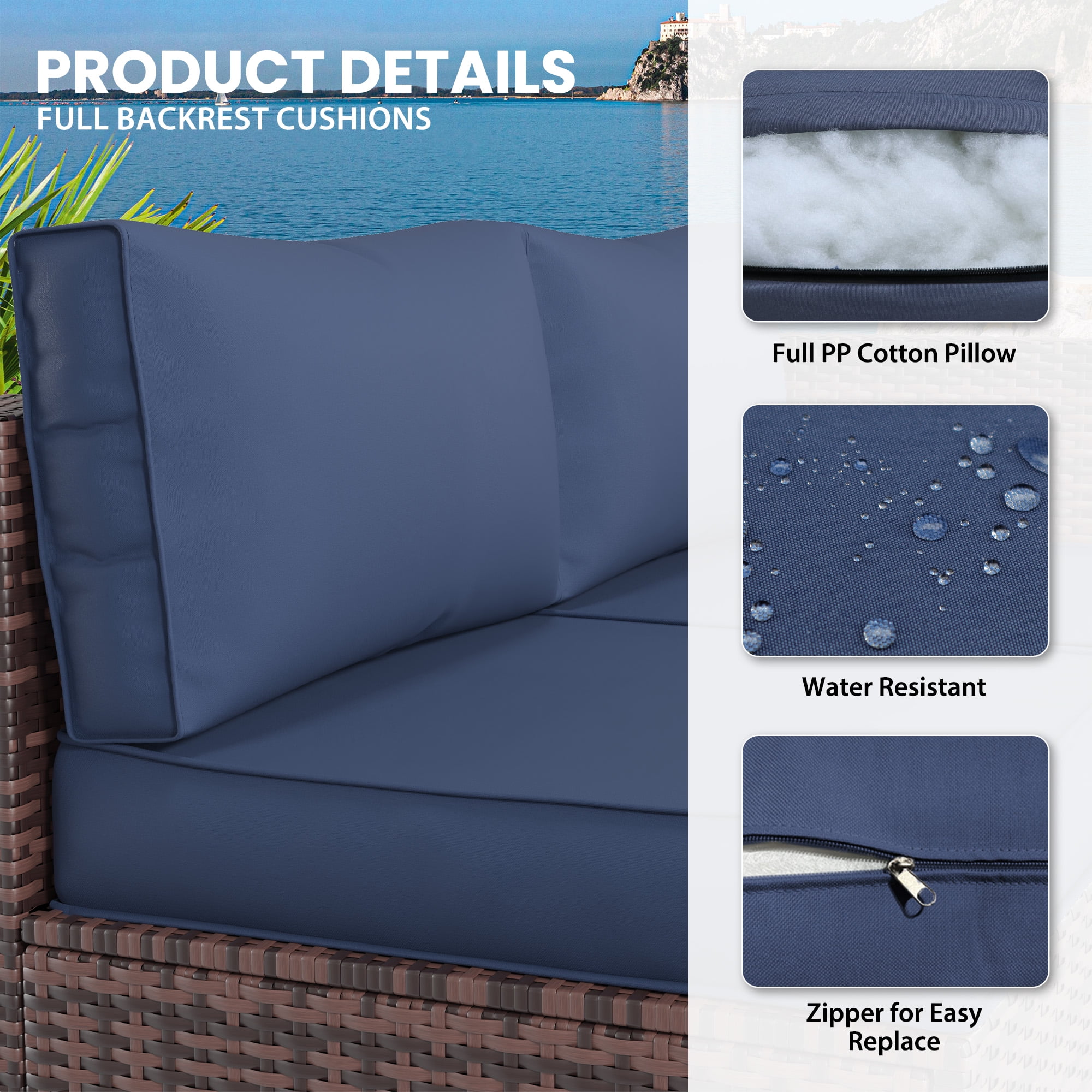 MRUAKA Outdoor Cushions for Patio Furniture, 7-Piece Replacement Cushions for Outdoor Furniture, Water-Resistant Patio Cushions, Outdoor Couch Cushions for 4-Seat Outdoor Sectional Sofa (Navy)