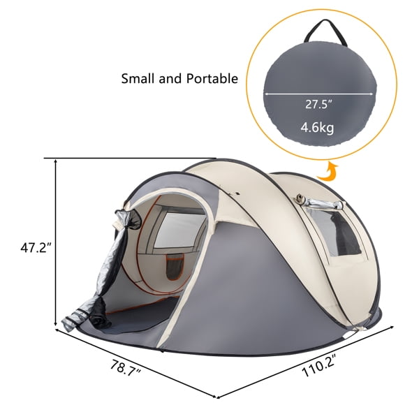 Alvantor 4 Person Pop up Camping Tent with 2 Vestibules,190T Polyester,Oxford Floor,Fiberglass Poles,Khaki,110.2 x 78.7 x 47.2 in