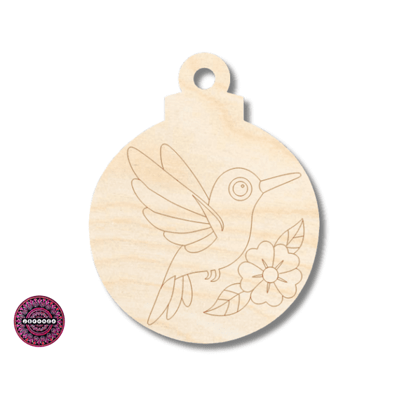 Unfinished Wood Etched Hummingbird Flower Ornament Shape 8" / 1/4"