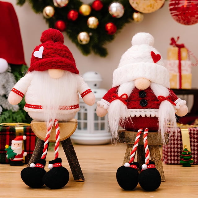 2 gnomos navideños de peluche: elfo sueco enano decorativo para escritorio, repisa, árbol, ventanal. Decoración navideña ideal y regalo de cumpleaños. (2 patas colgantes)