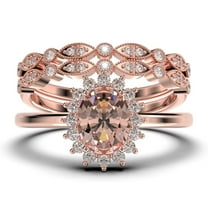 Beautiful Minimalist 2.50 Carat Oval Morganite And Diamond Moissanite Engagement Ring, Halo Wedding Ring, Two Matching Band in 925 Sterling Silver With Plain 18k Rose Gold Plating Band Gift For Her