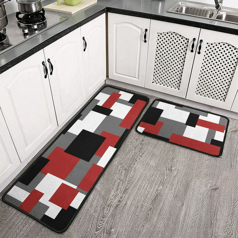 Red Black White Geometric Patterns Kitchen Rugs and Mats Set of 2