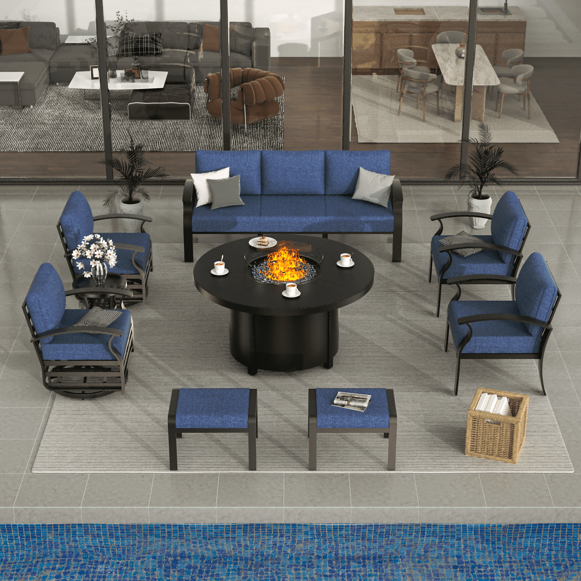ALAULM Aluminium Patio Furniture Set with Swivel Chairs, 9-Seater Metal Outdoor Furniture Patio Sectional Sofas Patio Conversation Set with 2 swivel chairs For Patio, Backyard, Poolside - Navy Blue