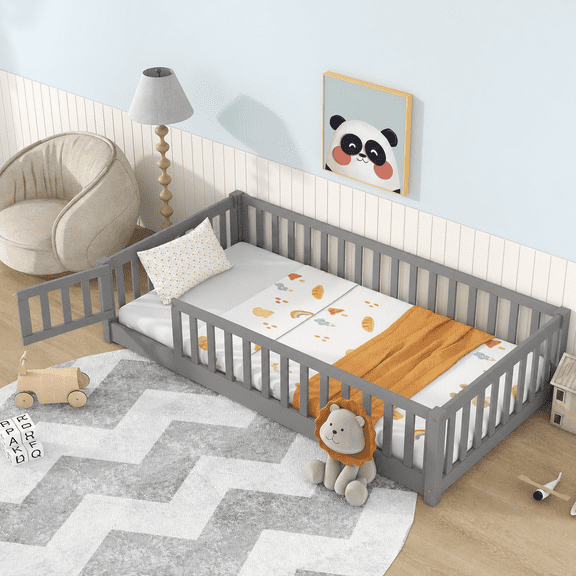PAPROOS Twin Montessor Floor Bed, Solid Wood Toddler Bed with Safety Guardrail and Door, Easy Assembly, Low-to-Floor Bed Frame with Slats for Kids, Gray