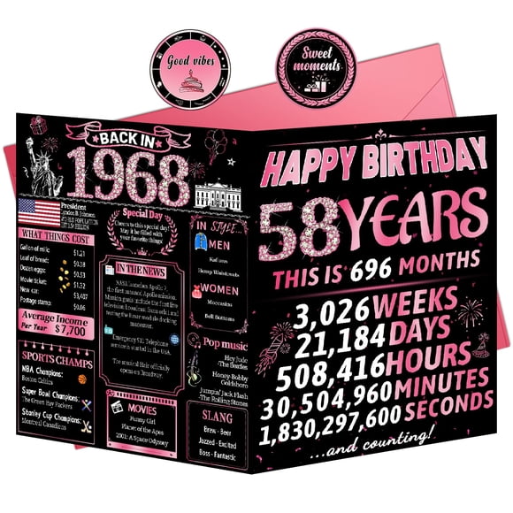 Tarjeta de cumpleaños VivaGem para mujer con temática de 1968, 58 cumpleaños