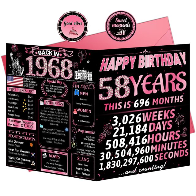 Tarjeta de cumpleaños VivaGem para mujer con temática de 1968, 58 cumpleaños