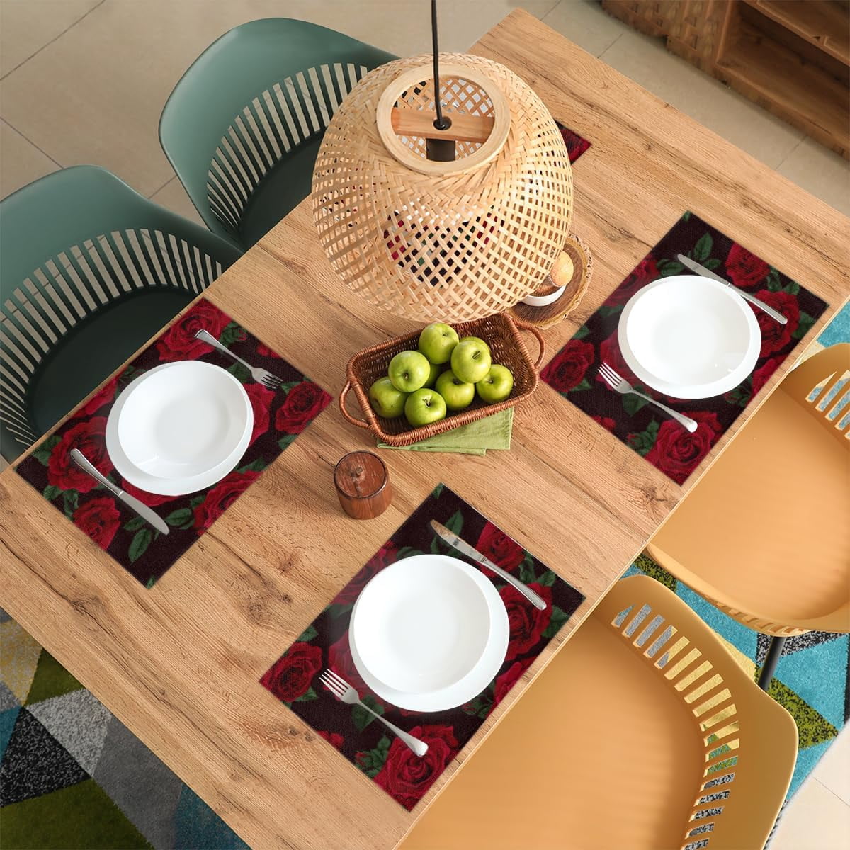 Placemats Set of 6 Valentine''s Day Romance Roses Fabric Placemats Square Placemat for Kitchen Table Heat Resistant, Easy to Clean Table Placemats 12x18 Inch