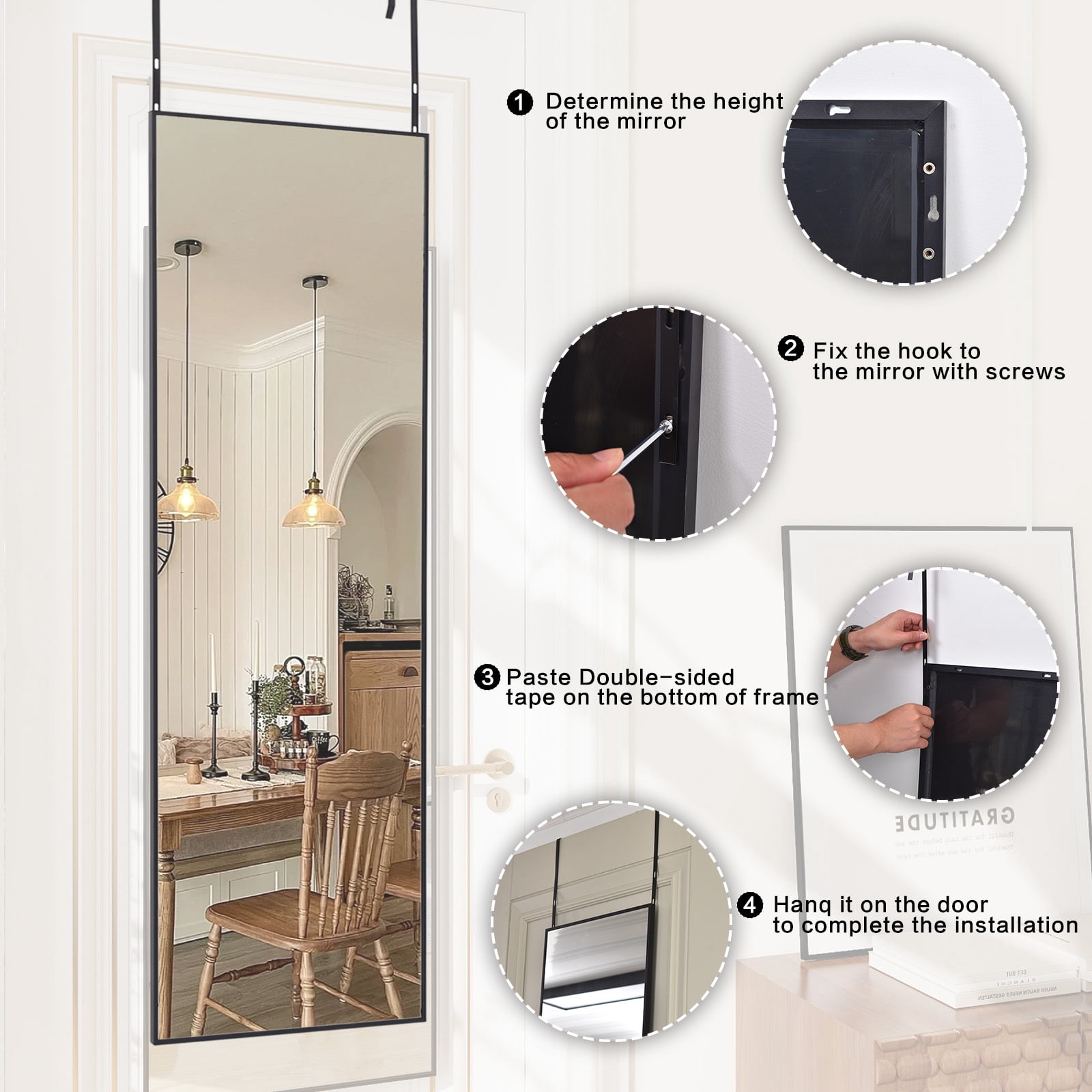 Anyrose 48"x14" Full Length Mirror Over The Door Mirror Wall Mounted, Black