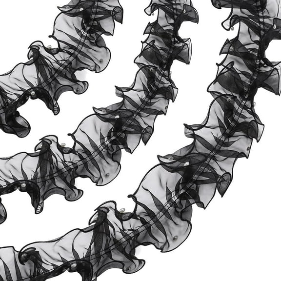 5 3/8 Inch Black Organza Ruffle Trim Vintage Pleated Gathered Lace Applique Trimmings Pearl Beaded Ruffled Tulle Fabric Ribbon Bulk for Sewing Making Crafts Dress Costume Curtain