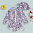 thumbnail image 2 of 2-3 T Kids Bathing Suits Girls Summer Floral Print Zipper Rash Guard Swimsuit With Matching Cap For Baby Girls Beachwear, 2 of 9