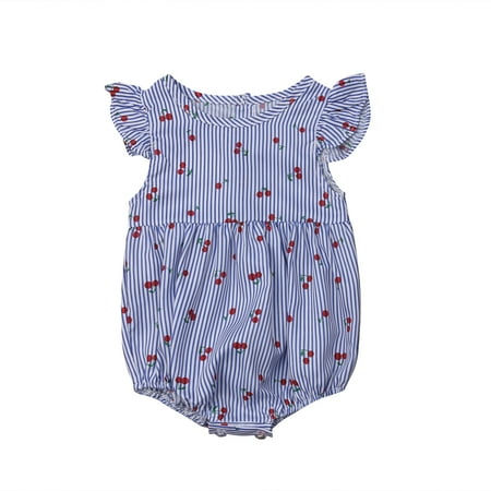 

Toddler Baby Girls Ruffle Romper Floral Striped Cherry Rompers Fly Sleeve Bodysuit Playsuit Summer Sunsuit Blue 0-18 Months