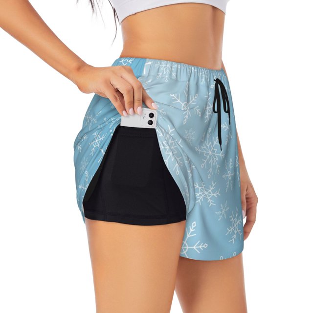 Balery Snowflake Snowing Pantalones cortos deportivos para mujer con forro y dos bolsillos, elásticos, para entrenamiento, gimnasio, yoga-X-Large