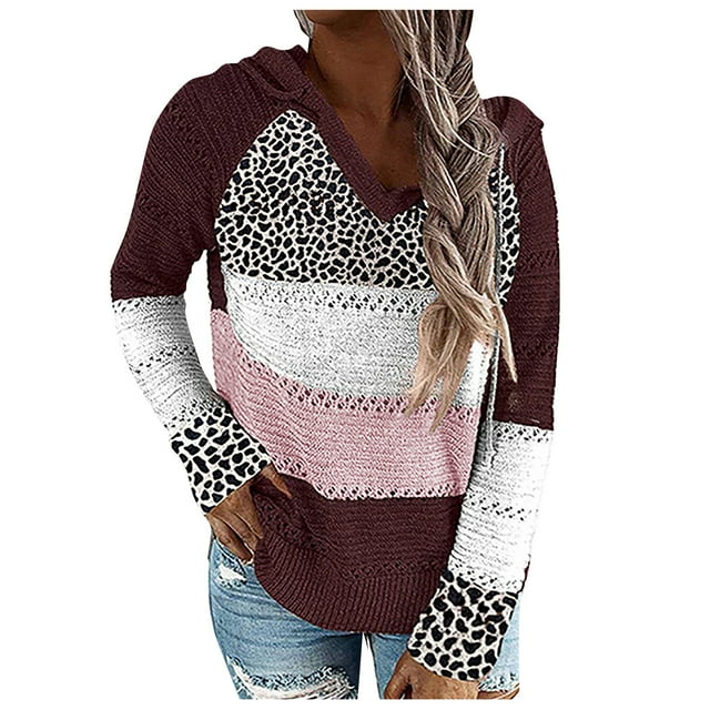 Mode Femmes Léopard Patchwork Col en V Manches Longues Chandail à Capuche Blouse Hauts