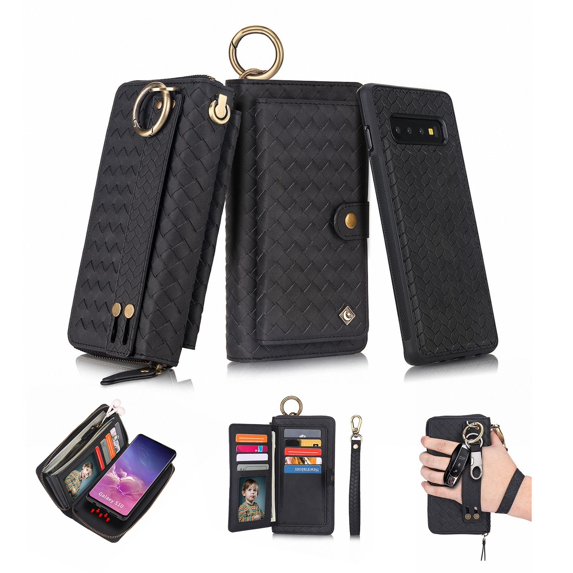Galaxy S10 Plus Wallet Case, Dteck Multi-Functional PU Leather Zipper Wristlets Clutch Detachable Magnetic 13 Card Slots 4 Cash Purse Protection Back Cover For Samsung Galaxy S10+, Black weave