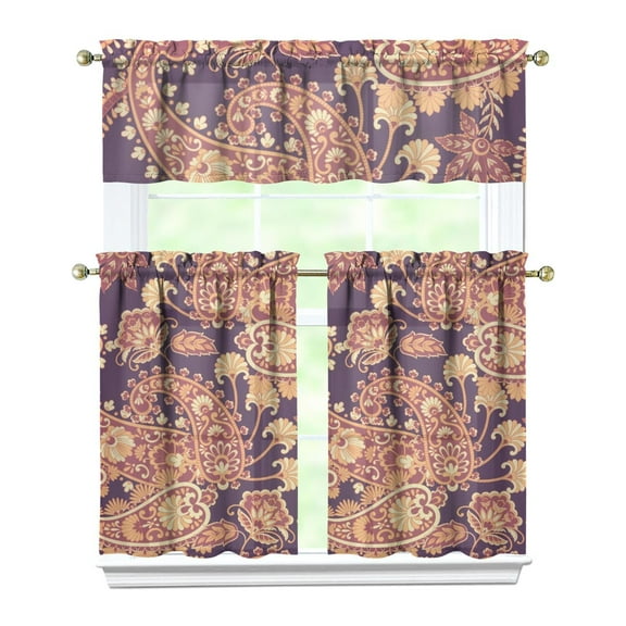 Elegant Floral Kitchen Curtains Set of 3 - Antique Vintage Paisley Print Tier Curtains with Valance, Semi-Sheer Short Curtains for Rustic Decor