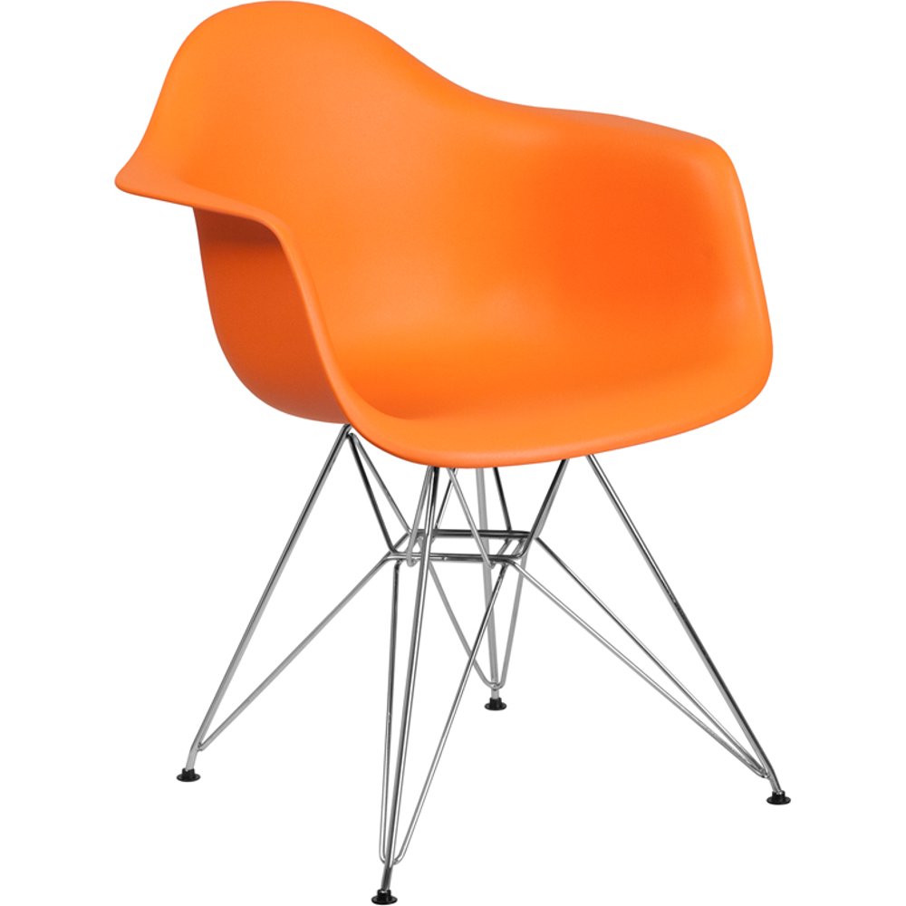 Orange Plastic Chair with Arms and Chrome Base