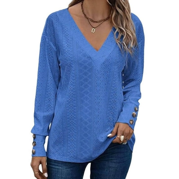 Women'S Tops Dressy Casual V Neck Long Sleeve Buttons Hollow Out Lace Embroidered Blouses Shirts Blue S