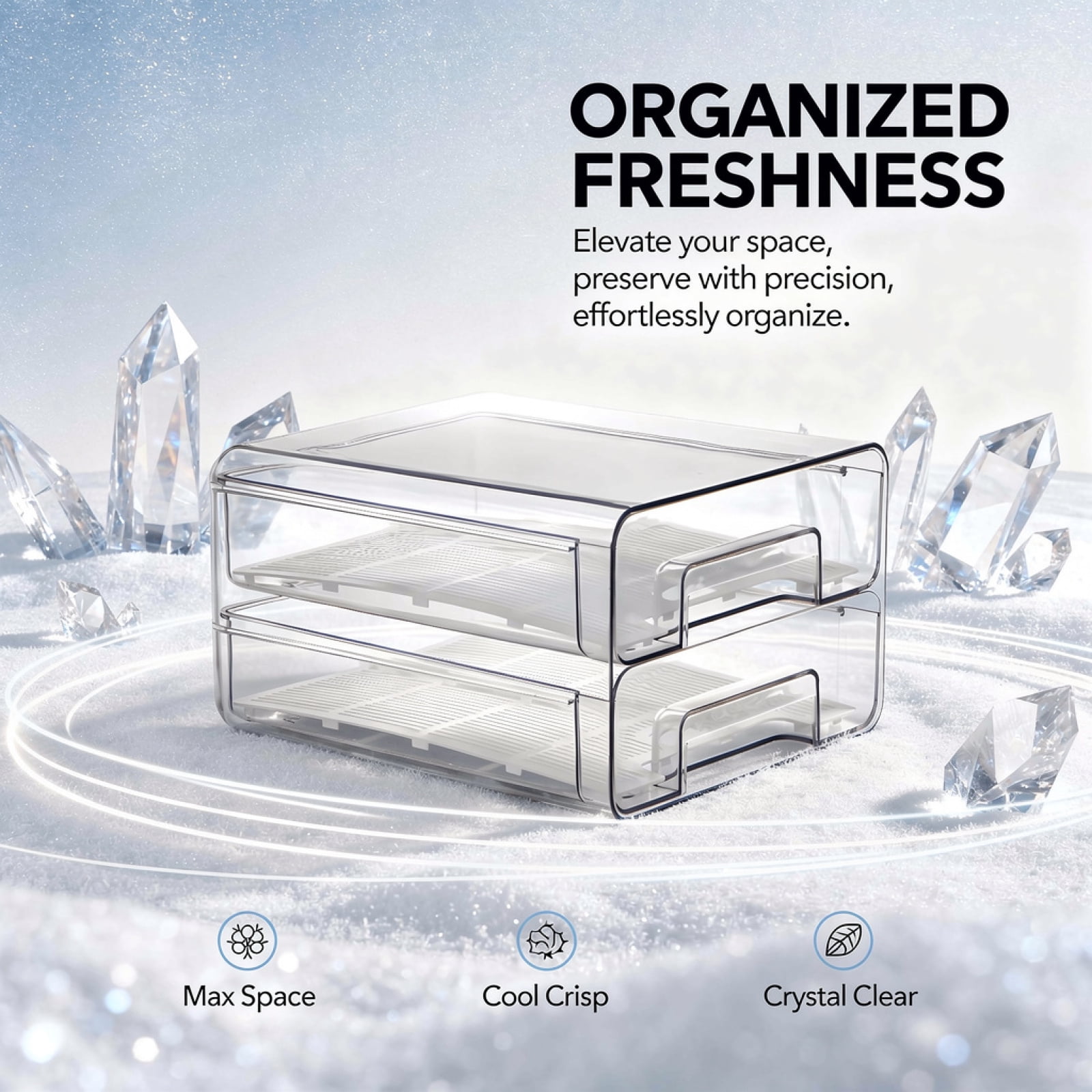 Double Layer Refrigerator Organizer,Stackable Clear Bin with Drain Tray & Dividers,9.7x8.4x5.6 Inch, for Fruits, Vegetables,Eggs,Refrigerator Storage