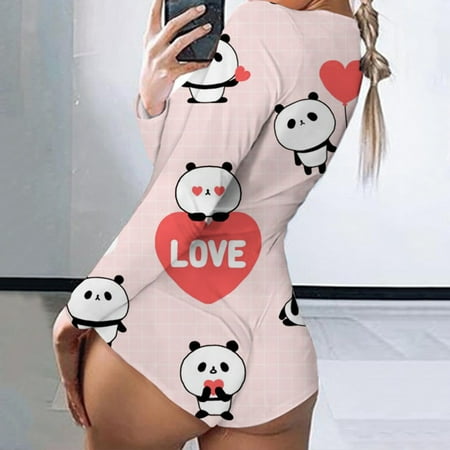 

valentines day gifts for her Women Print Long Sleeve Nightwear Jumpsuit Bodysuit Playsuit Romper