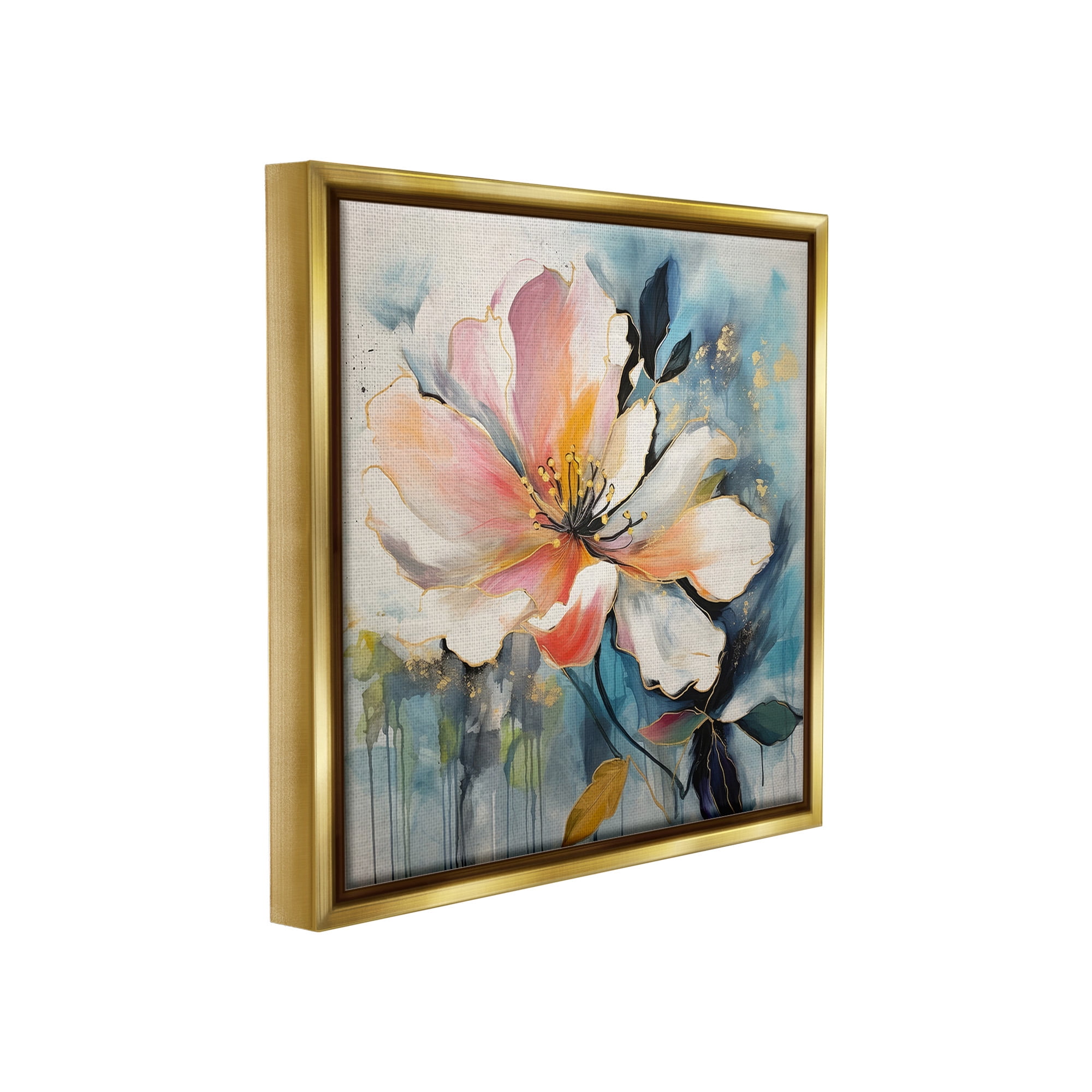 Stupell Industries Modern Drip Blossom Botanical & Floral Painting Gold Floater Framed Canvas Art Print Wall Art, 18 x 18