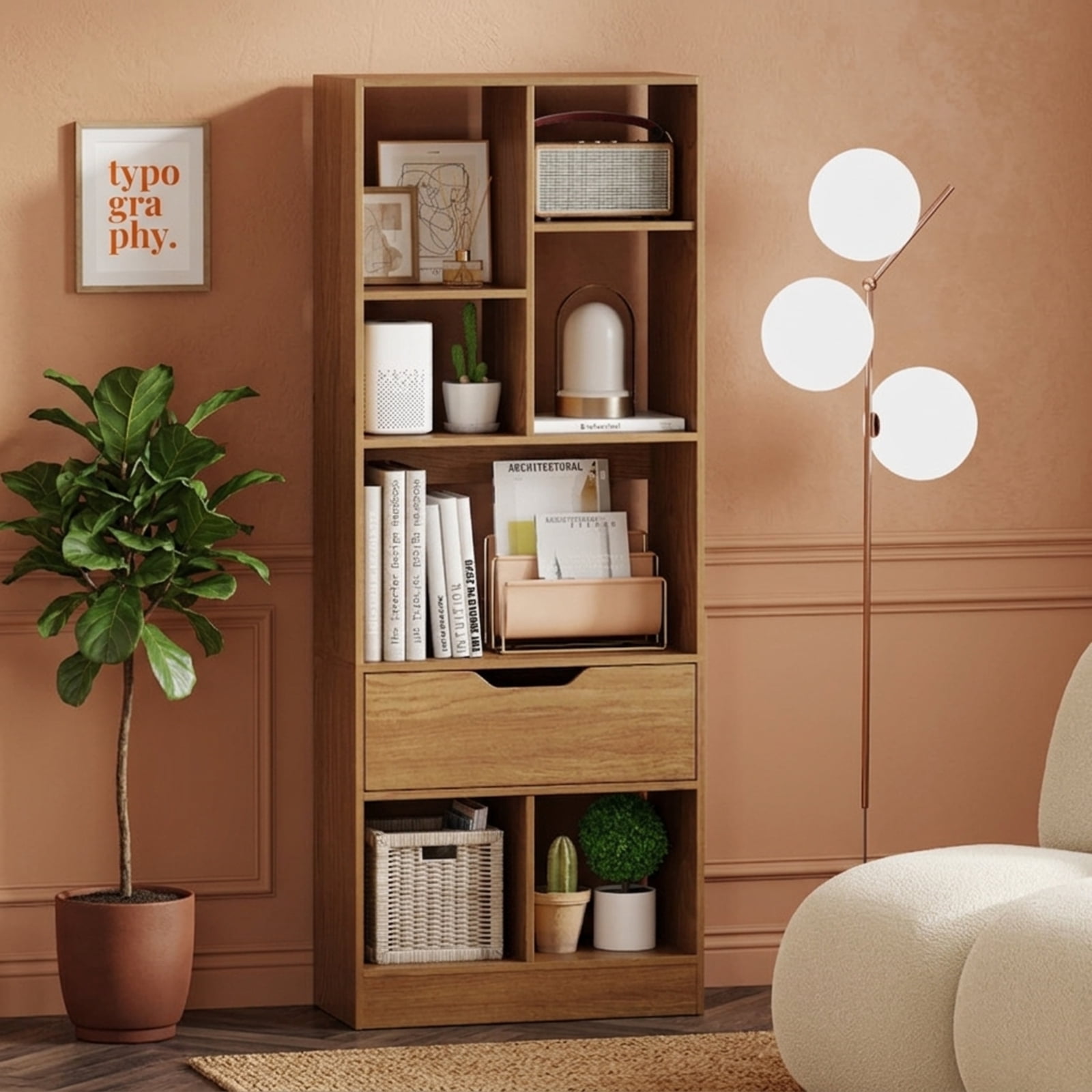 Furnibear 51 Inch Tall Freestanding Bookcase with Drawer and 7 Open Cube Shelves Wood Storage Organizer for Living Room and Study, Natural