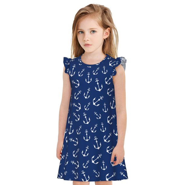 Fotbe Nautical Anchors Vestido de Dormir para Niñas de 3 a 10 Años, Mangas Cortas, Estilo Princesa, Pijama Camisón con Mangas Voladas-XX-Large