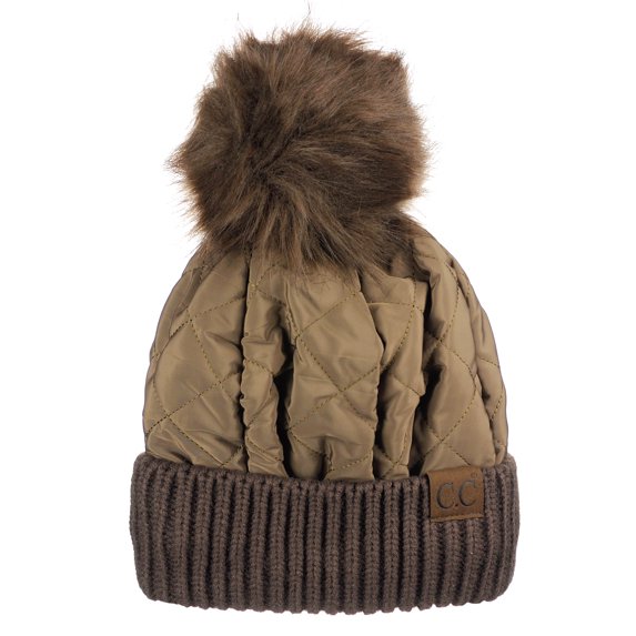 C.C Soft Quilted Puffer Detachable Faux Fur Pom Inner Lined Cuff Beanie Hat, Coffee