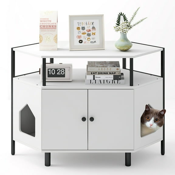 Gymax Corner Cat Litter Box Enclosure End Table w/ Open Shelf 2 Entries Double Doors White