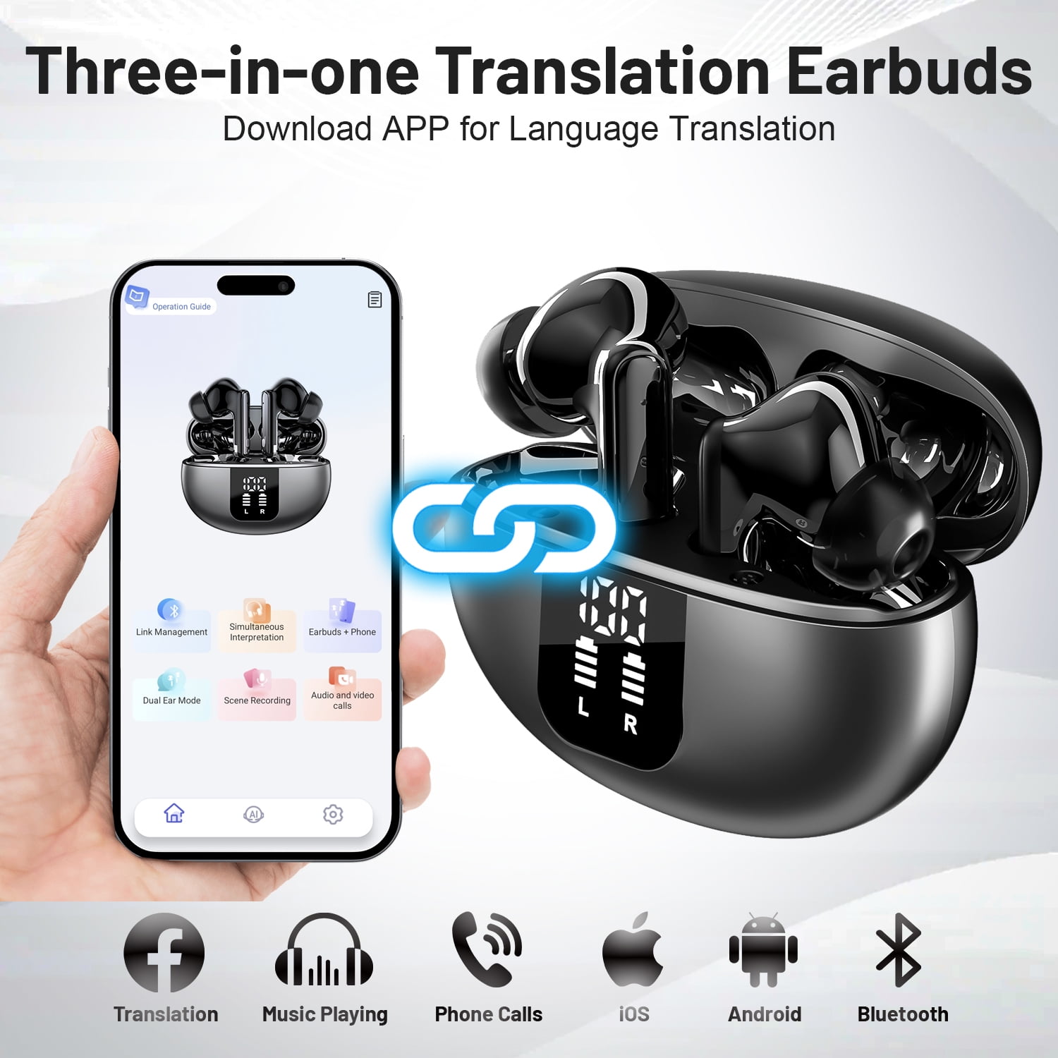 AI Language Translation Earbuds Real-Time for 144 Languages & Accents ,Wireless Bluetooth Headphones Translator Device with APP iOS & Android for Travel & Learning