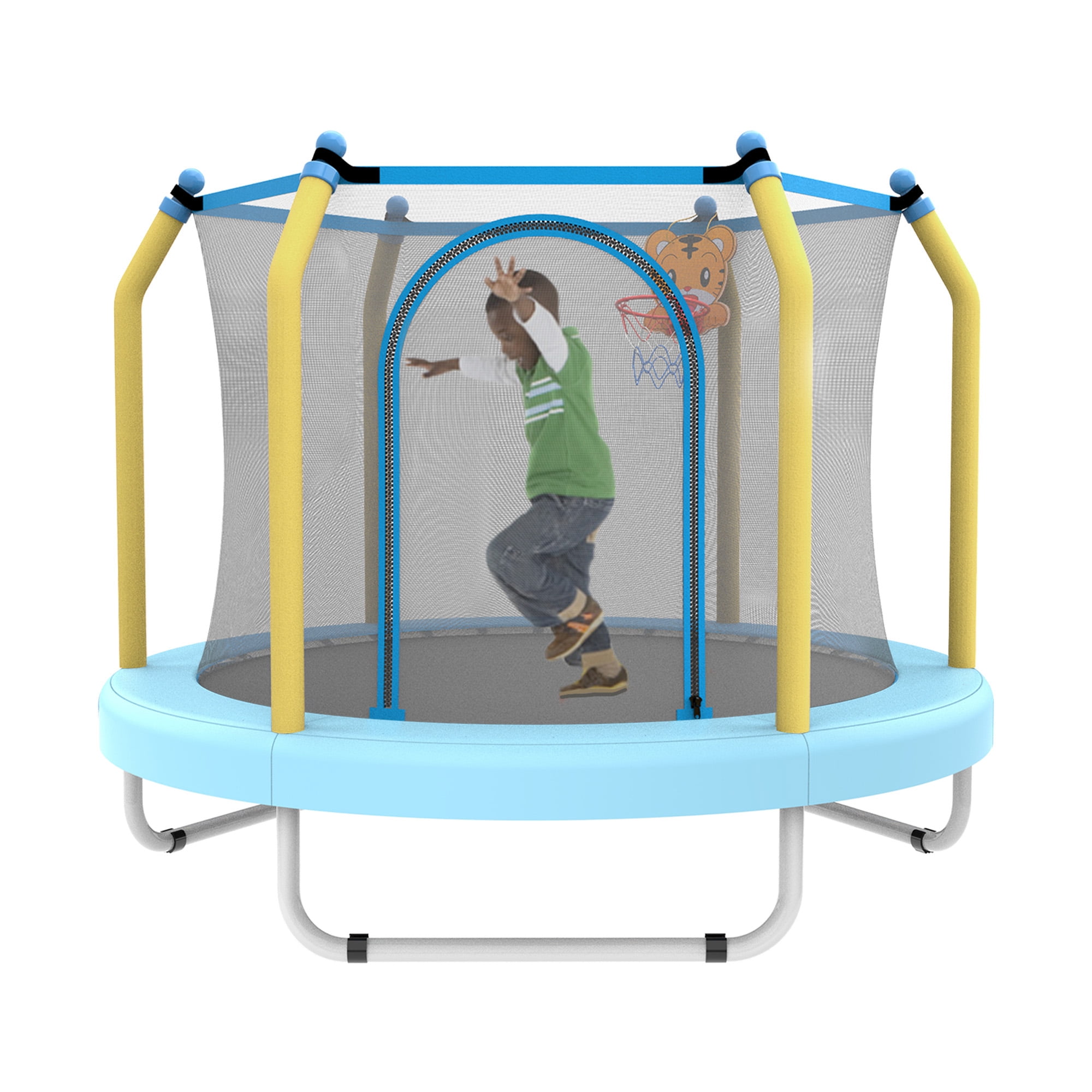 LIZEVINC 55 Inch Outdoor Toddler Trampoline with Enclosure Net, Mini Round Trampoline for Kids with Basketball, Small Trampoline Gifts for Boy and Girls,Blue Forest