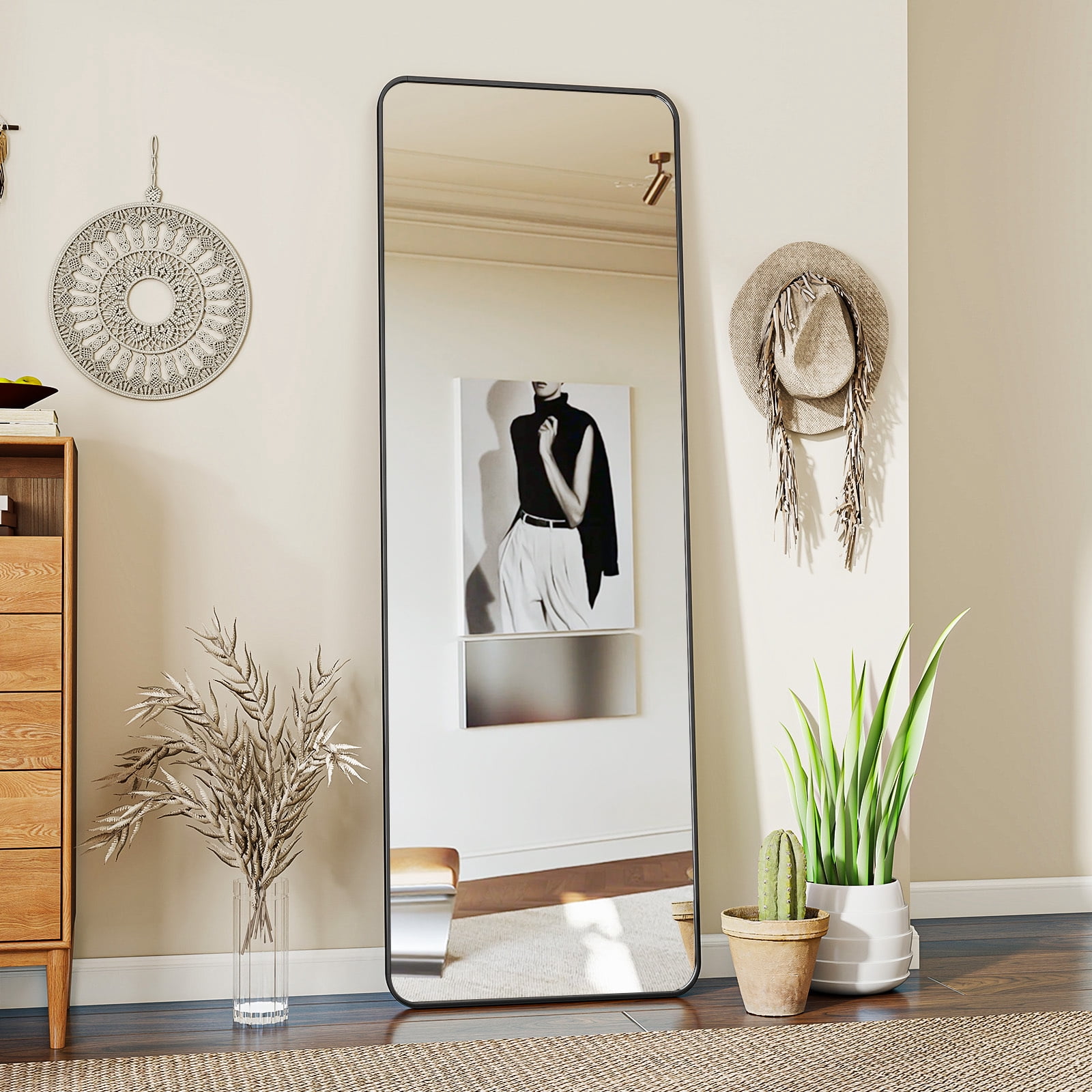 Mistory 59"x16" Full Length Mirror Rounded Corner Floor Mirror with Metal Frame, Black