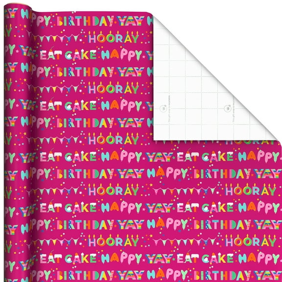 Hallmark Birthday Wrapping Paper Roll (Festive Lettering on Pink) 20 Sq. ft.