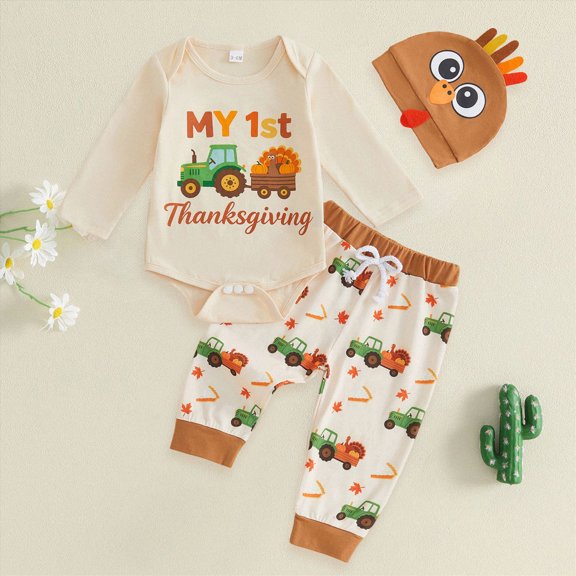 0-3 Months Newborn Baby Boy Thanksgiving Outfit Long Sleeve My 1st Thanksgiving Romper Long Pants Hat 3Pcs Clothes Set Khaki