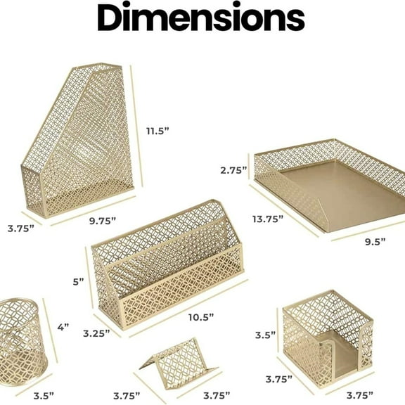 Gold Desk Organizer Set – Mail Sorter, Sticky Note Holder, Pen Cup, Magazine Holder, Letter Tray & Business Card Holder – Pink Office Decor