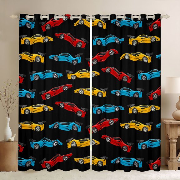 Manfei Colorful Race Car Kitchen Curtains,Classic Kid Art Black Out Curtains Pack of 2 (42x63 Each),Black