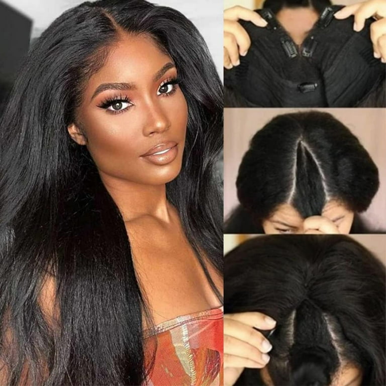 10A V Part Kinky Straight Wig Human Hair No Leave Out Upgraded U Part Glueless Wigs for Women Brazilian Yaki Straight V Part Human Hair Beginner Friendly Wig 150 Density 24inch Walmart