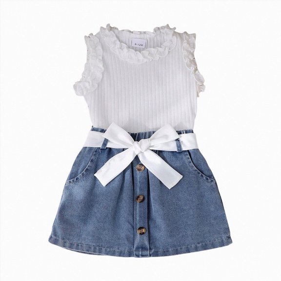 kaprioy Toddler Girl Clothes Toddler Baby Girl Summer Outfit 9 12 18 24 Months 2T 3T 4T Round Neck Lace Sleeve Tank Top and Skirt 2 Pcs Clothes Set