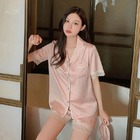 

DanceeMangoo Women Sleepwear Set Summer Pajama Set Turn Down Collar Faux Silk Satin Lace Short Sleeve Casual Female Pijama Home Wear Shorts