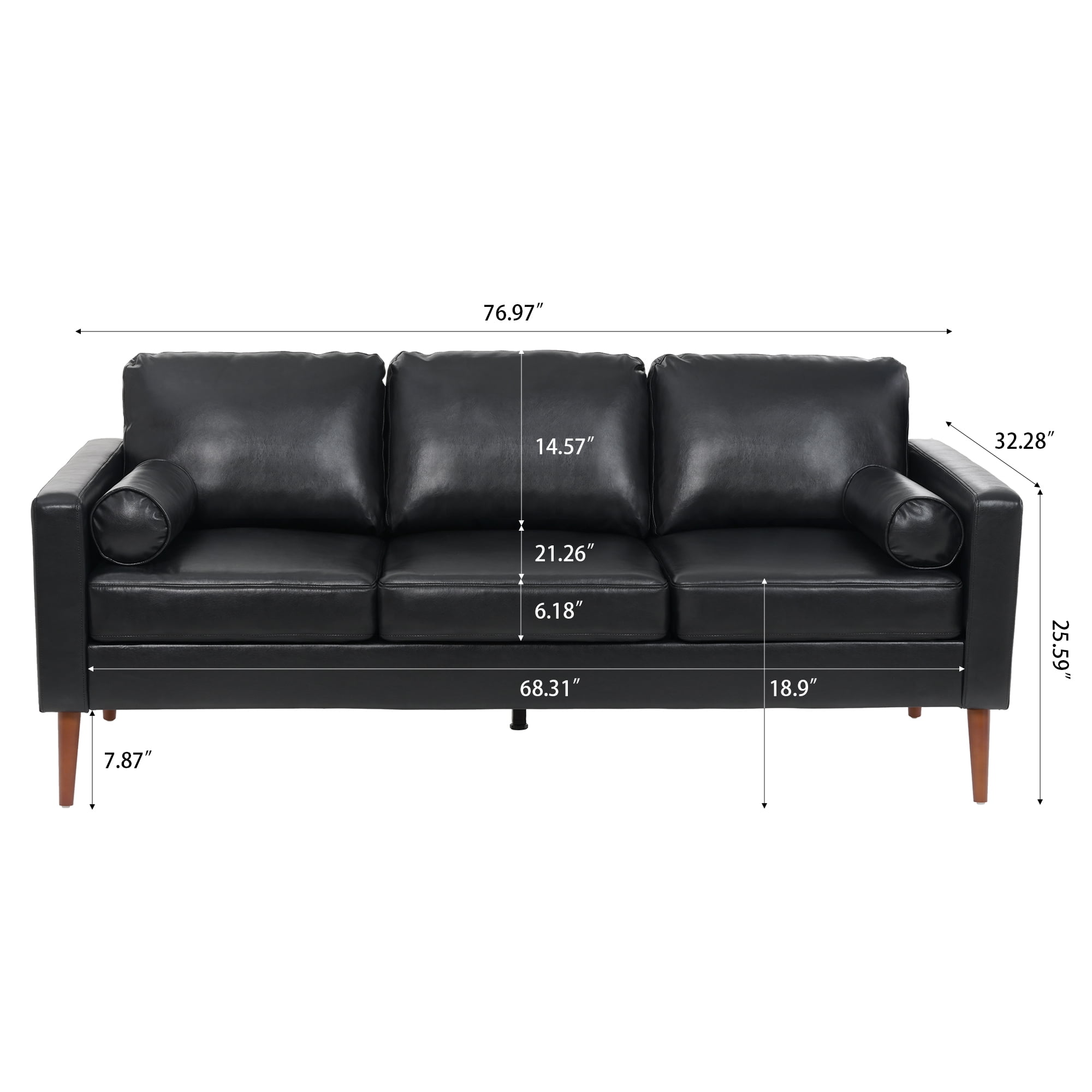 Hommoo PU Leather Sofa Couch, Modern 3 Seat Comfy Couches,Mid Century Adult Couch Soft Cushion Sofa for Living Room Home/Office/Apartment, Black