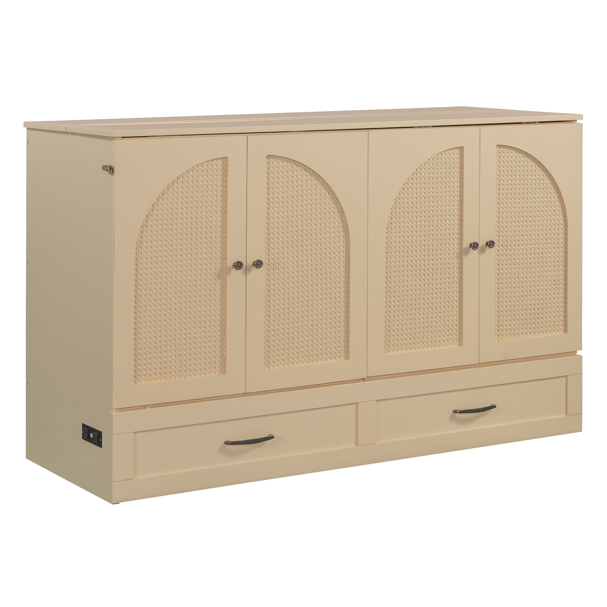 Harper & Bright Designs Rattan Queen Size Murphy Bed, Wooden Queen Murphy Bed Frame with Large Drawers, Folding Wall Chest Cabinet Bed for Guest Room, Gold