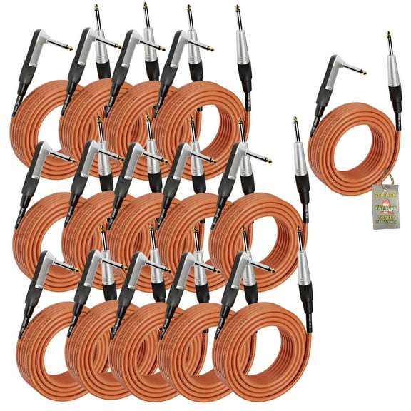 24 PACK - Right Angled Guitar Cables by Fat Toad Instrument Cords 20FT 1/4 Quarter Inch Straight-End 24GA Wires for Electric Guitar Pedal, Bass, Keyboards, Speaker Amplifier & Audio Studio Recording