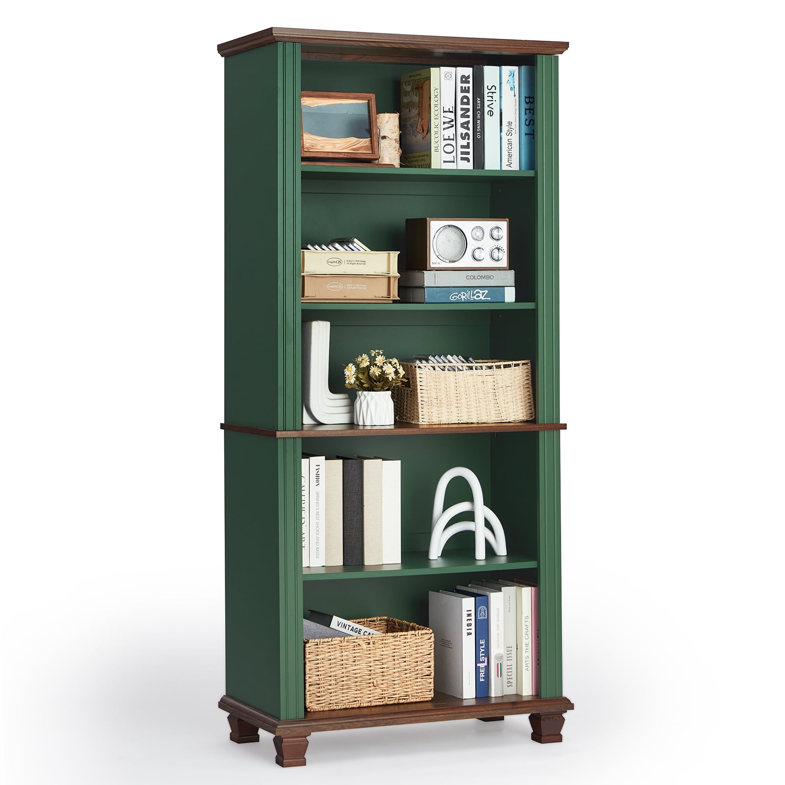 Buildhom 70" Tall Farmhouse Bookshelf, 5-Tier Vintage Bookcase with Adjustable Shelves for Living Room, Green