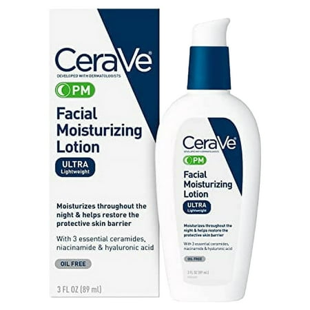 CeraVe PM Facial Moisturizing Lotion | Night Cream with Hyaluronic Acid and Niacinamide | Ultra-Lightweight, Oil-Free Moisturizer for Face | 3 Ounce