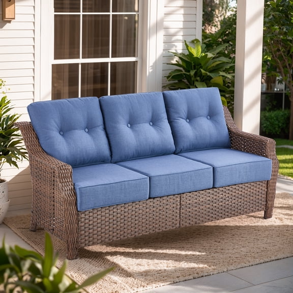 POCASSY 74.8" Wide Outdoor Sofa with 6" Thick Seat Cushion, Patio Furniture Sofa with Brown Wicker Round Rattan Deep Seat High Back Wicker Patio Couch for Porch in Blue Cushion