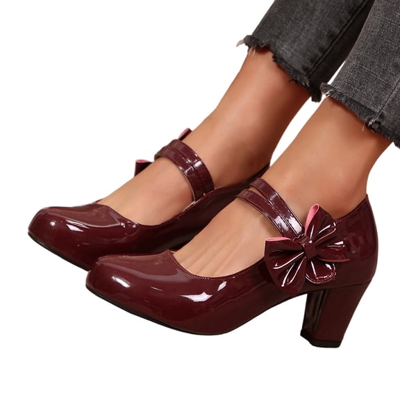IEMIEMIEM Women's Bow Heels Sparkly Mary Jane Block Chunky Heel Comfortable Pumps Slip On Round Toe Low Heels Wedding Evening Party Dress Shoes Wine 6.5 Wide