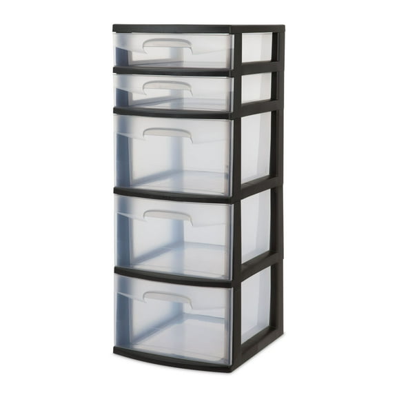 Plastic 5-Drawer Tower, Black with Clear Drawers, Adult Default